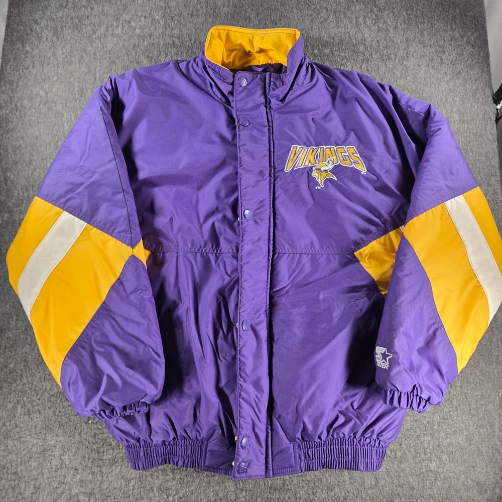 Vintage Starter Minnesota Vikings Jacket Mens Large Purple Gold Puffer NFL 90s
